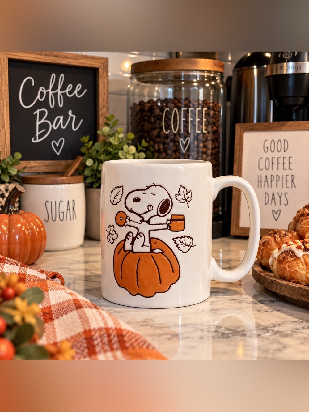Festive Pumpkin Snoopy Ceramic Mug - White & Orange
